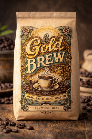 Gold Brew coffee bag with decorative design on a wooden surface with coffee beans.